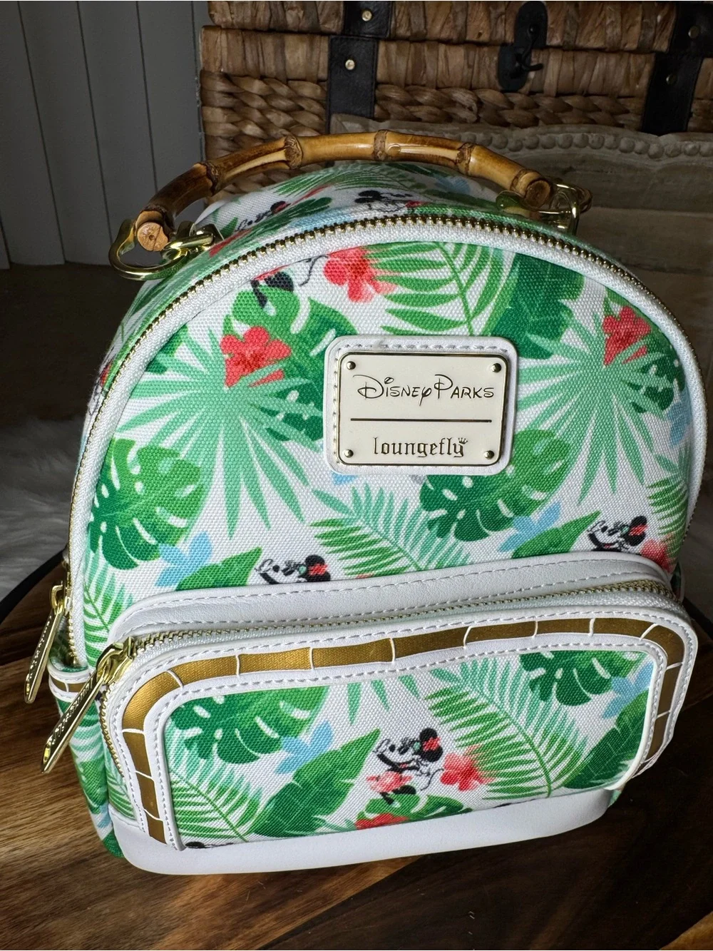 Disney White & Green Tropical Mickey Mini Backpack with Bamboo Handle